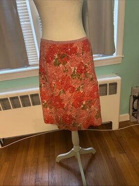Floral Sequin A-Line Skirt in Coral Pink